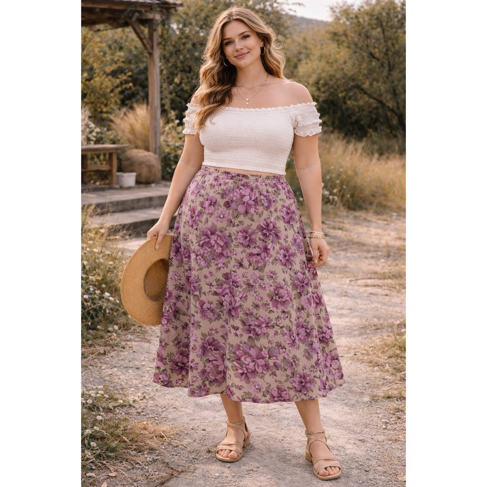 Boho Cottagecore Appleseeds Purple Green‎ Floral Elastic Waist Midi XL Skirt